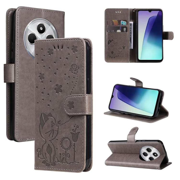 

For Redmi 14C 4G Global Cat and Bee Embossed Flip Leather Phone Case(Grey)