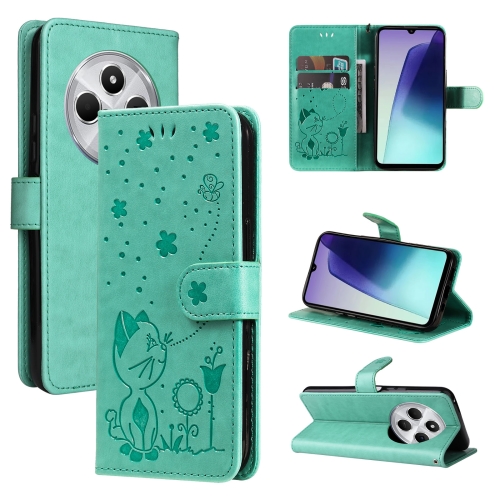 

For Redmi 14C 4G Global Cat and Bee Embossed Flip Leather Phone Case(Green)