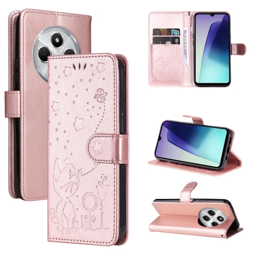 

For Redmi 14C 4G Global Cat and Bee Embossed Flip Leather Phone Case(Rose Gold)