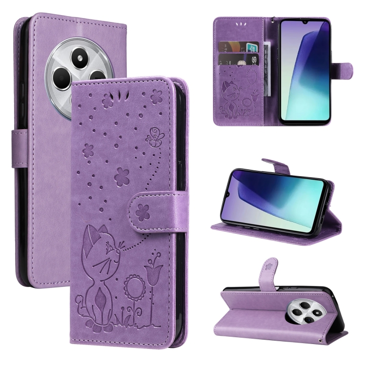 

For Redmi 14C 4G Global Cat and Bee Embossed Flip Leather Phone Case(Purple)
