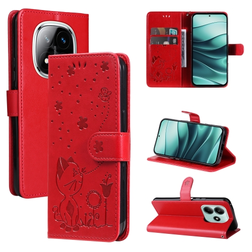 

For Redmi Note 14 5G Cat and Bee Embossed Flip Leather Phone Case(Red)