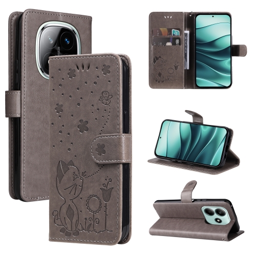 

For Redmi Note 14 5G Cat and Bee Embossed Flip Leather Phone Case(Grey)