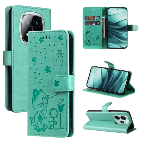 

For Redmi Note 14 5G Cat and Bee Embossed Flip Leather Phone Case(Green)