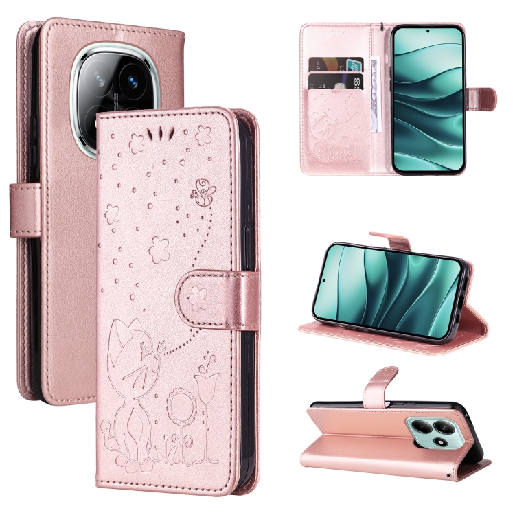 

For Redmi Note 14 5G Cat and Bee Embossed Flip Leather Phone Case(Rose Gold)