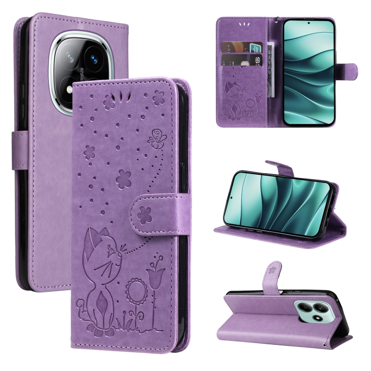 

For Redmi Note 14 5G Cat and Bee Embossed Flip Leather Phone Case(Purple)