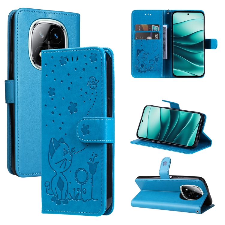 

For Redmi Note 14 Pro / 14 Pro+ 5G Cat and Bee Embossed Flip Leather Phone Case(Blue)