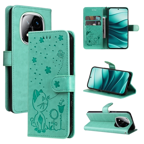 

For Redmi Note 14 Pro / 14 Pro+ 5G Cat and Bee Embossed Flip Leather Phone Case(Green)