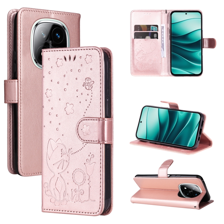 

For Redmi Note 14 Pro / 14 Pro+ 5G Cat and Bee Embossed Flip Leather Phone Case(Rose Gold)