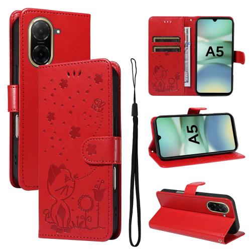

For Redmi A5 4G 173.3mm Cat and Bee Embossed Flip Leather Phone Case(Red)
