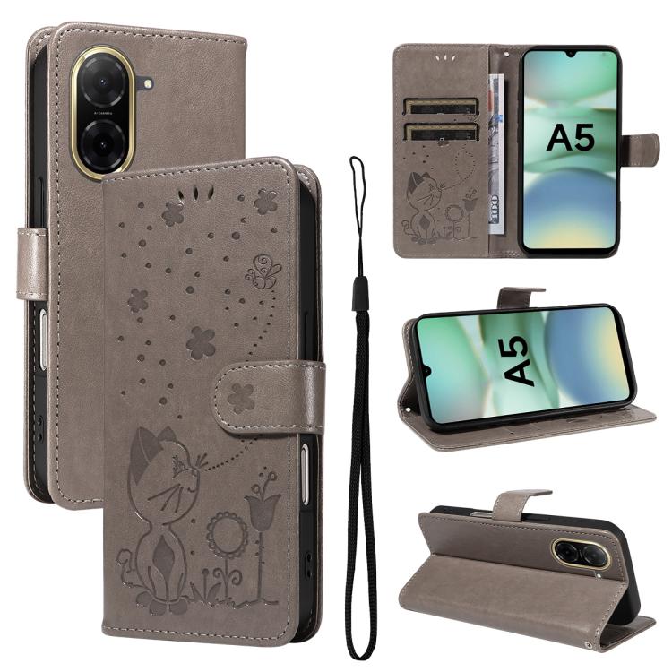 

For Redmi A5 4G 173.3mm Cat and Bee Embossed Flip Leather Phone Case(Grey)