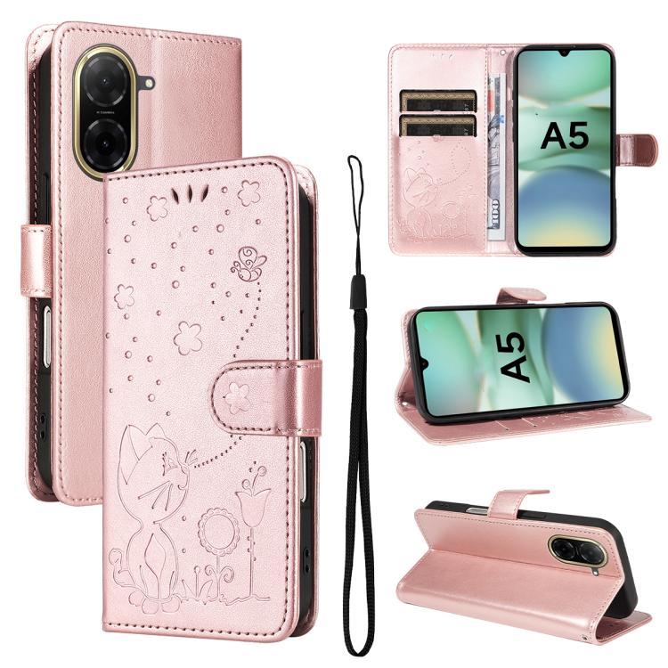 

For Redmi A5 4G 173.3mm Cat and Bee Embossed Flip Leather Phone Case(Rose Gold)