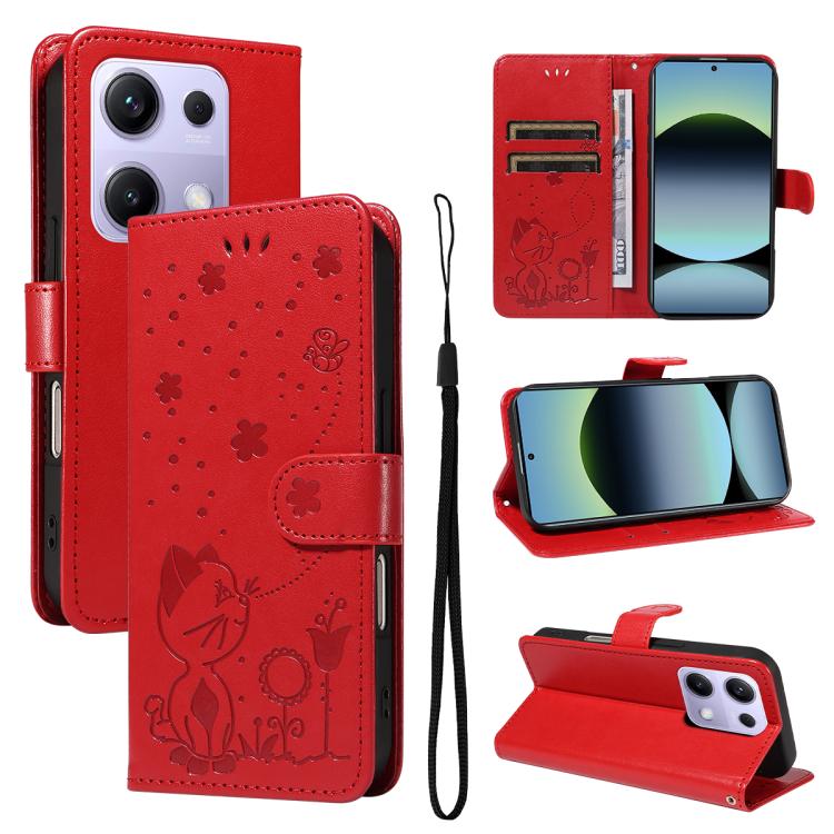 

For Redmi Note 14S 4G / Note 13 Pro 4G Cat and Bee Embossed Flip Leather Phone Case(Red)