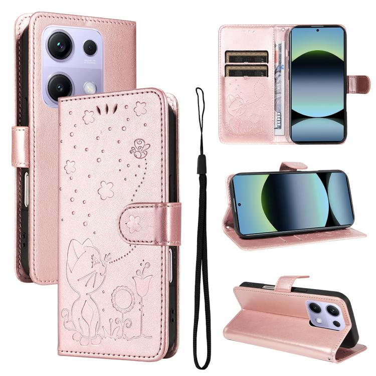 

For Redmi Note 14S 4G / Note 13 Pro 4G Cat and Bee Embossed Flip Leather Phone Case(Rose Gold)