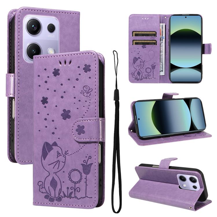 

For Redmi Note 14S 4G / Note 13 Pro 4G Cat and Bee Embossed Flip Leather Phone Case(Purple)