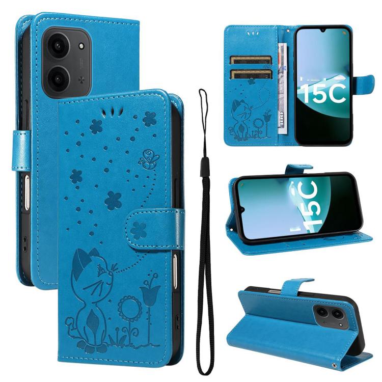 

For Redmi 15C 5G / 4G EU 173mm Cat and Bee Embossed Flip Leather Phone Case(Blue)