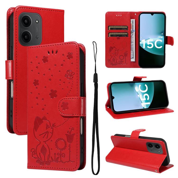 

For Redmi 15C 4G 171.5mm / Poco C85 4G Cat and Bee Embossed Flip Leather Phone Case(Red)