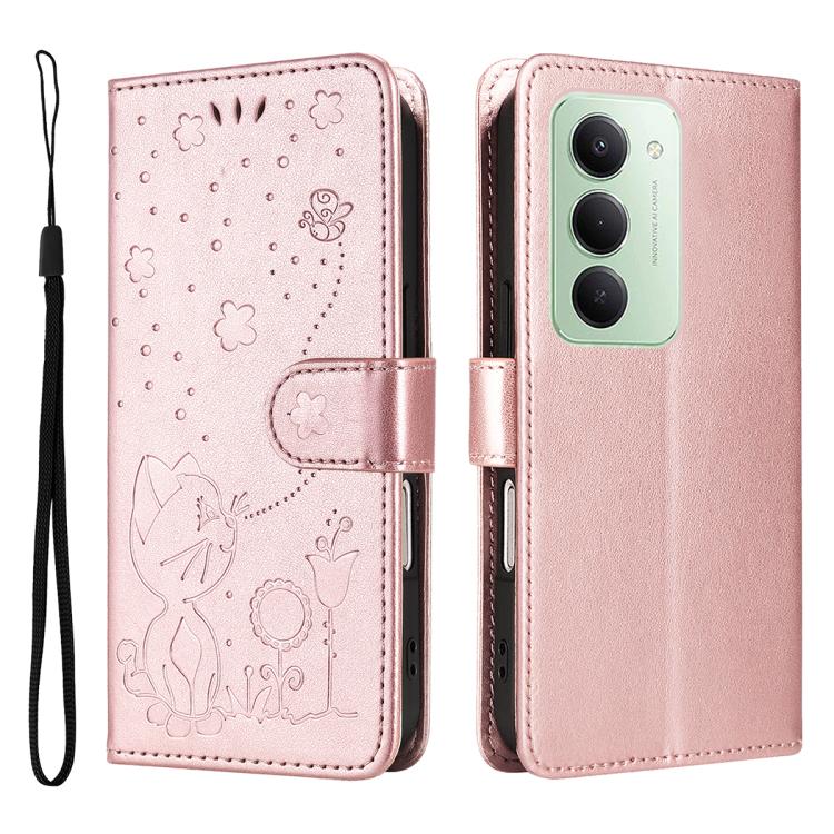 

For Redmi 15 5G Global/15 4G SEA 169.5mm Cat and Bee Embossed Flip Leather Phone Case(Rose Gold)