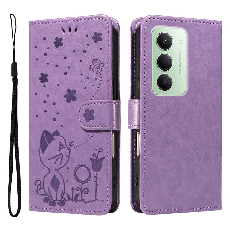 

For Redmi 15 5G Global/15 4G SEA 169.5mm Cat and Bee Embossed Flip Leather Phone Case(Purple)