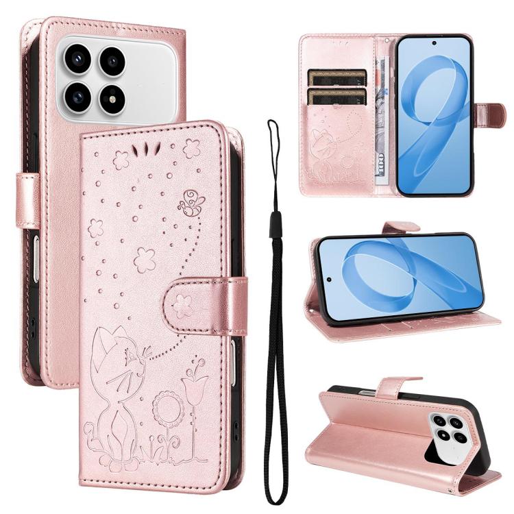 

For Redmi K90/Poco F8 Pro Cat and Bee Embossed Flip Leather Phone Case(Rose Gold)