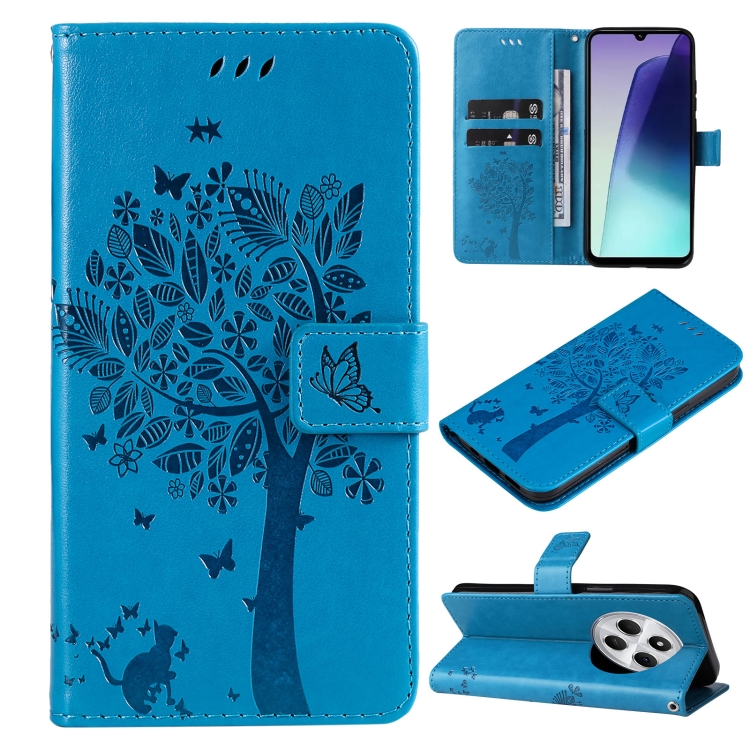 

For Redmi 14C 4G Global Tree & Cat Embossed Pattern Flip Leather Phone Case(Blue)