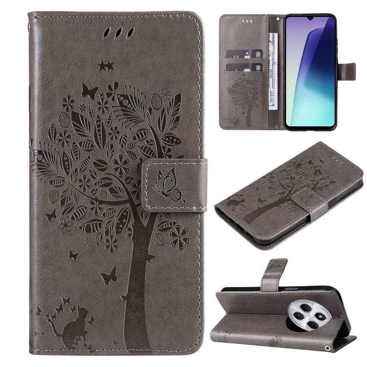 

For Redmi 14C 4G Global Tree & Cat Embossed Pattern Flip Leather Phone Case(Grey)