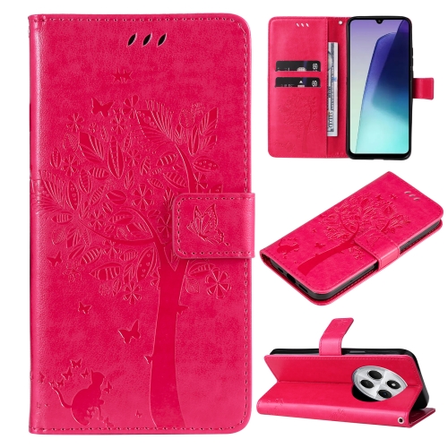 

For Redmi 14C 4G Global Tree & Cat Embossed Pattern Flip Leather Phone Case(Rose Red)