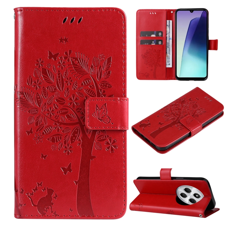 

For Redmi 14C 4G Global Tree & Cat Embossed Pattern Flip Leather Phone Case(Red)