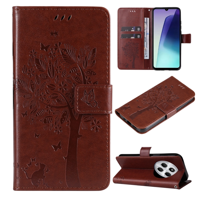 

For Redmi 14C 4G Global Tree & Cat Embossed Pattern Flip Leather Phone Case(Coffee)
