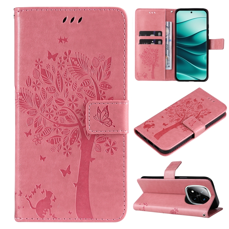 

For Redmi Note 14 Pro / 14 Pro+ 5G Tree & Cat Embossed Pattern Flip Leather Phone Case(Pink)
