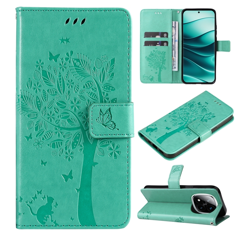 

For Redmi Note 14 Pro / 14 Pro+ 5G Tree & Cat Embossed Pattern Flip Leather Phone Case(Green)