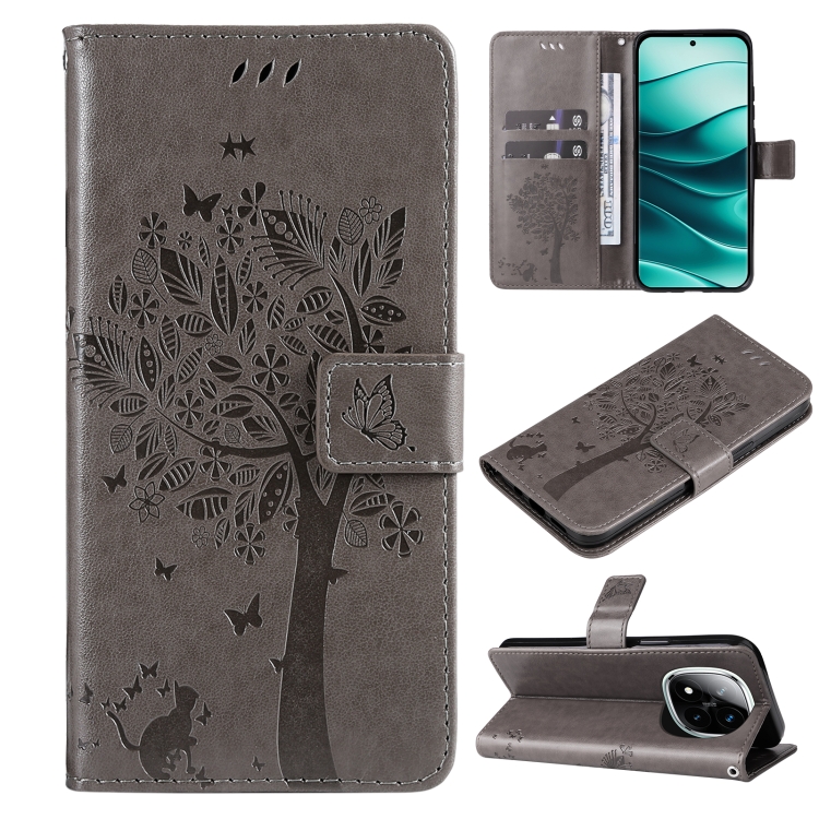 

For Redmi Note 14 Pro / 14 Pro+ 5G Tree & Cat Embossed Pattern Flip Leather Phone Case(Grey)