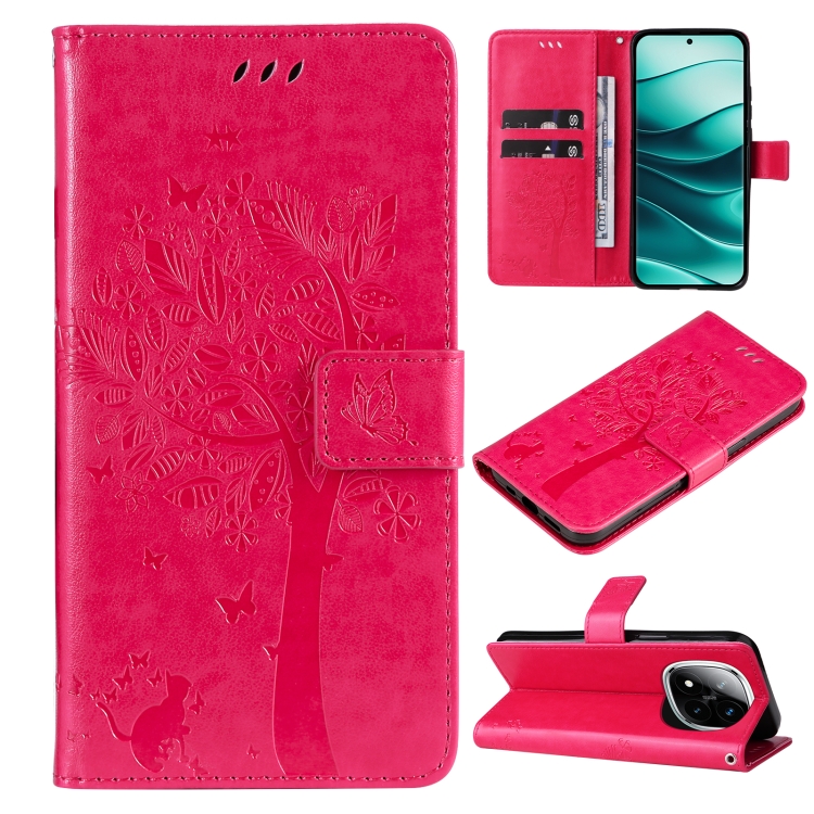 

For Redmi Note 14 Pro / 14 Pro+ 5G Tree & Cat Embossed Pattern Flip Leather Phone Case(Rose Red)