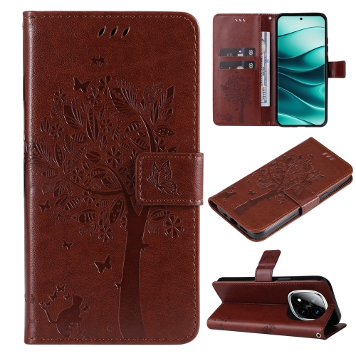 

For Redmi Note 14 Pro / 14 Pro+ 5G Tree & Cat Embossed Pattern Flip Leather Phone Case(Coffee)