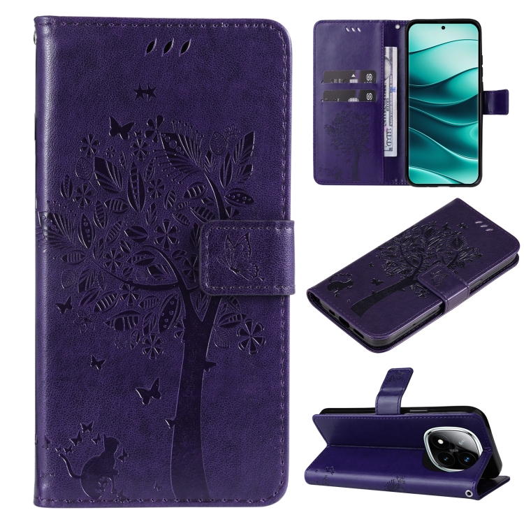 

For Redmi Note 14 Pro / 14 Pro+ 5G Tree & Cat Embossed Pattern Flip Leather Phone Case(Purple)