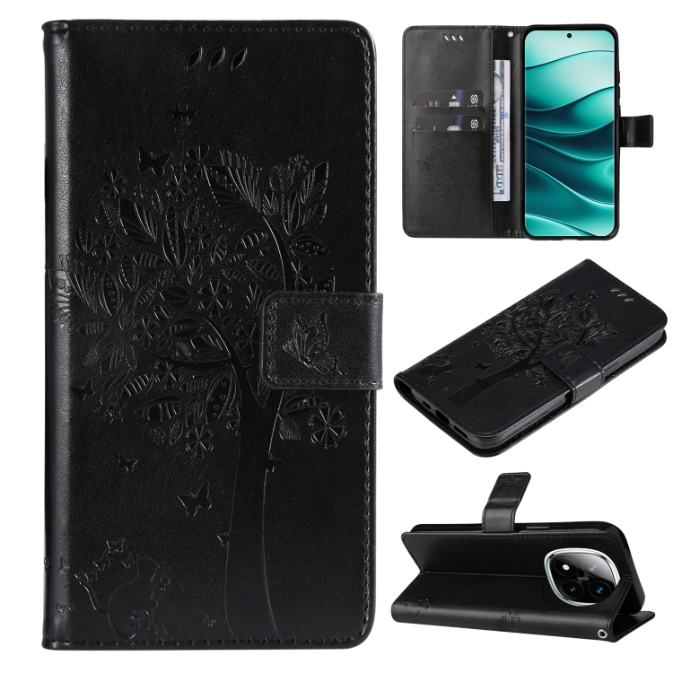

For Redmi Note 14 Pro / 14 Pro+ 5G Tree & Cat Embossed Pattern Flip Leather Phone Case(Black)