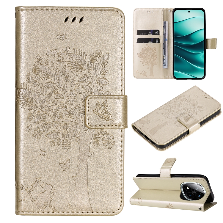 

For Redmi Note 14 Pro / 14 Pro+ 5G Tree & Cat Embossed Pattern Flip Leather Phone Case(Gold)