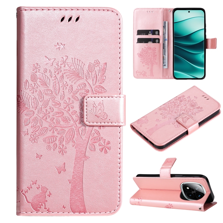 

For Redmi Note 14 Pro / 14 Pro+ 5G Tree & Cat Embossed Pattern Flip Leather Phone Case(Rose Gold)