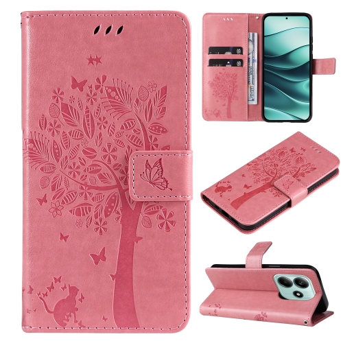 

For Redmi Note 14 5G Tree & Cat Embossed Pattern Flip Leather Phone Case(Pink)