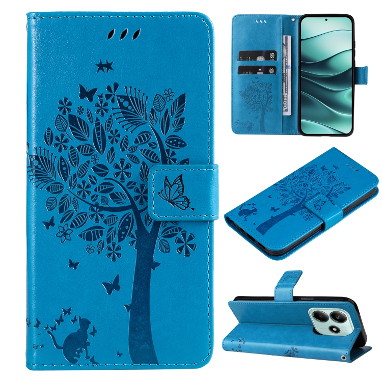 

For Redmi Note 14 5G Tree & Cat Embossed Pattern Flip Leather Phone Case(Blue)