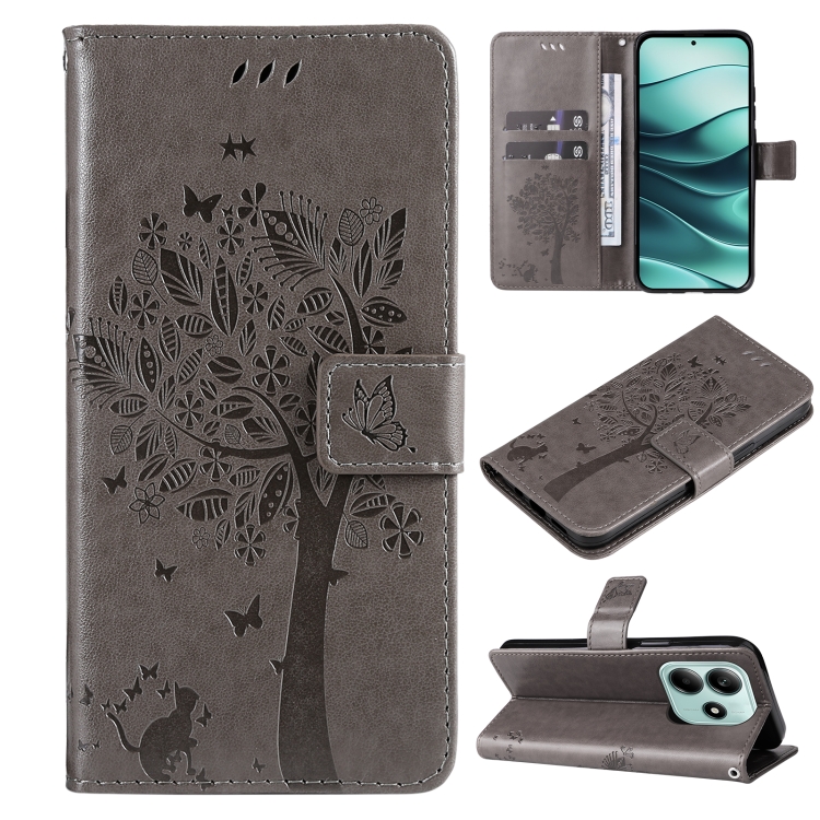 

For Redmi Note 14 5G Tree & Cat Embossed Pattern Flip Leather Phone Case(Grey)