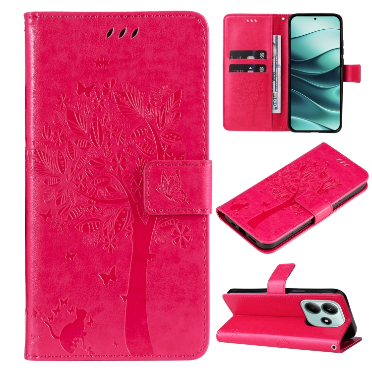 

For Redmi Note 14 5G Tree & Cat Embossed Pattern Flip Leather Phone Case(Rose Red)