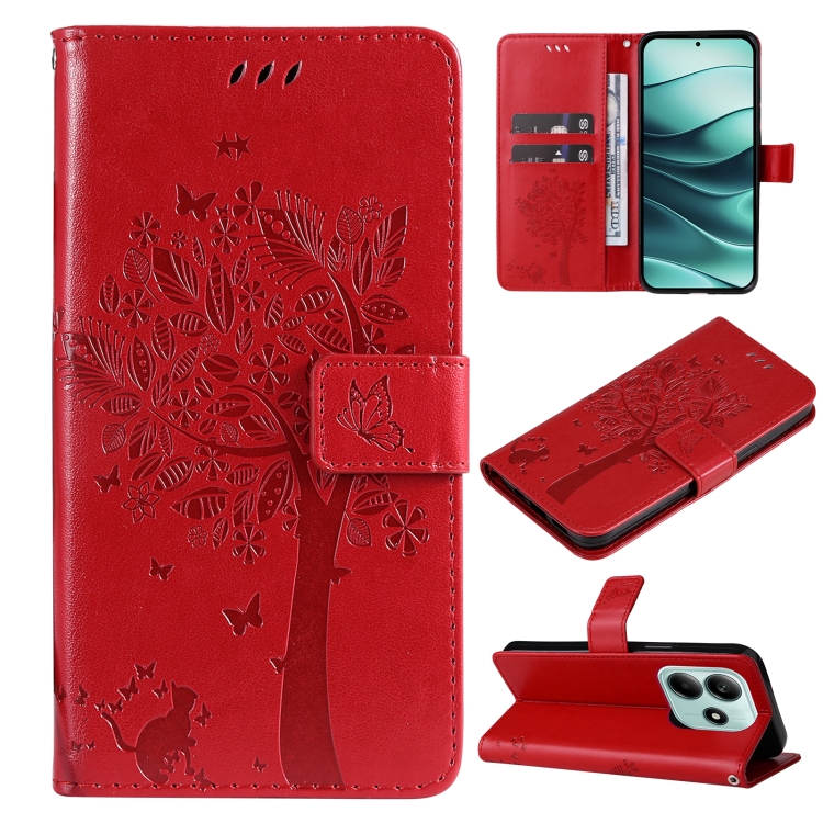 

For Redmi Note 14 5G Tree & Cat Embossed Pattern Flip Leather Phone Case(Red)