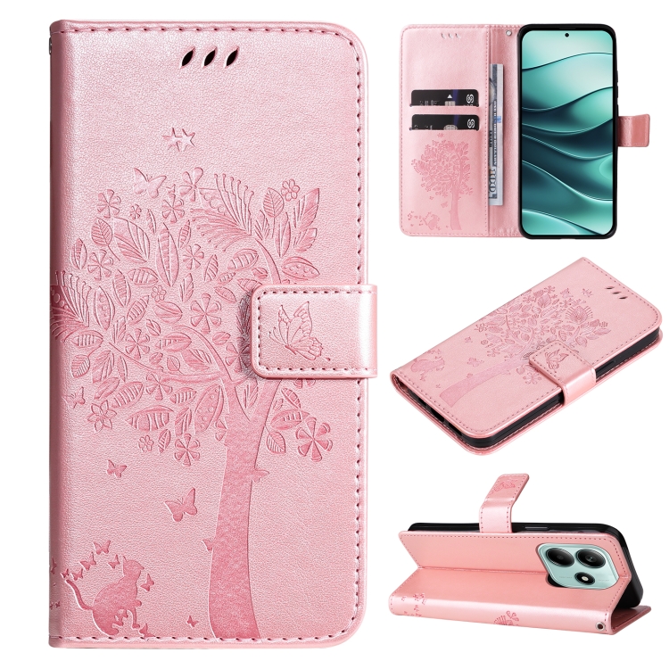 

For Redmi Note 14 5G Tree & Cat Embossed Pattern Flip Leather Phone Case(Rose Gold)
