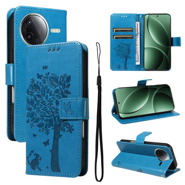 

For Redmi K80 / K80 Pro Tree & Cat Embossed Pattern Flip Leather Phone Case(Blue)