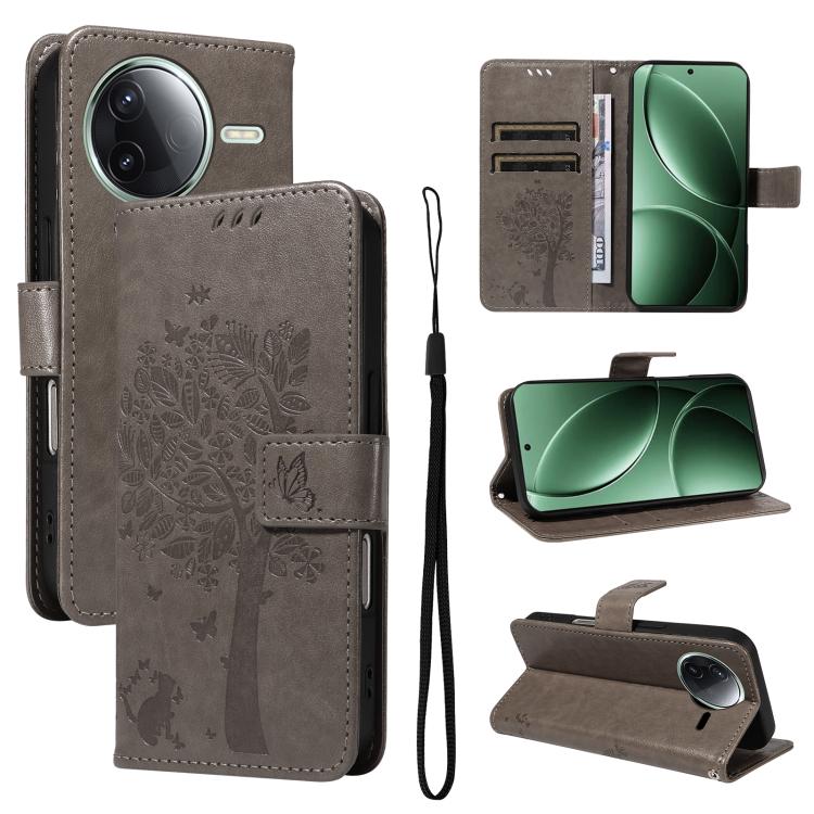 

For Redmi K80 / K80 Pro Tree & Cat Embossed Pattern Flip Leather Phone Case(Grey)