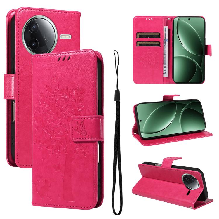 

For Redmi K80 / K80 Pro Tree & Cat Embossed Pattern Flip Leather Phone Case(Rose Red)