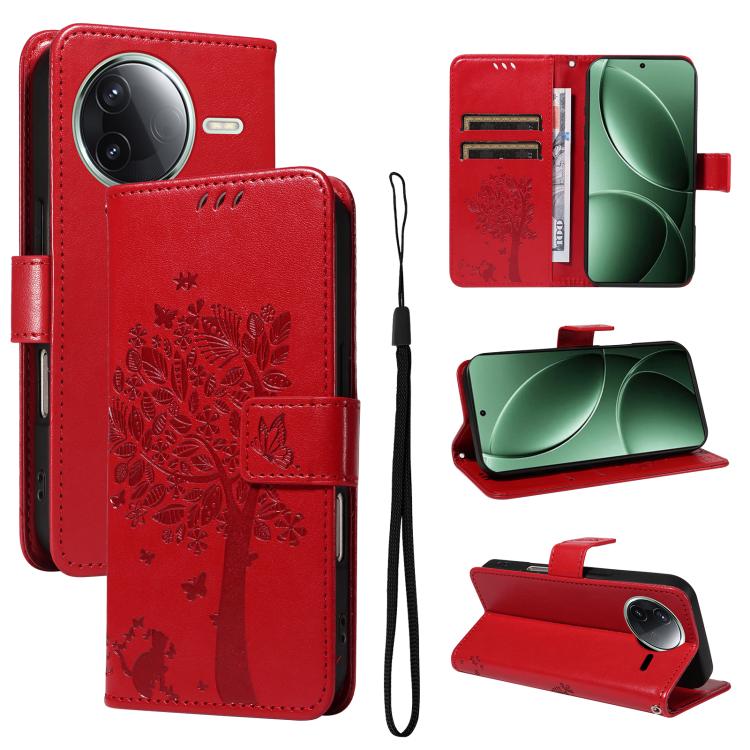 

For Redmi K80 / K80 Pro Tree & Cat Embossed Pattern Flip Leather Phone Case(Red)