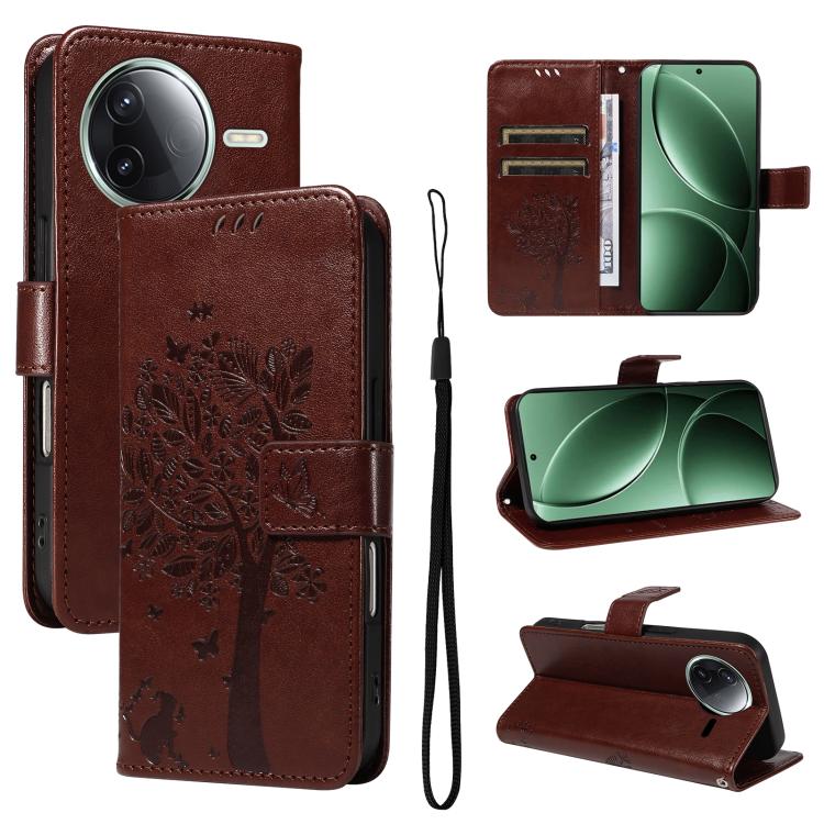 

For Redmi K80 / K80 Pro Tree & Cat Embossed Pattern Flip Leather Phone Case(Coffee)