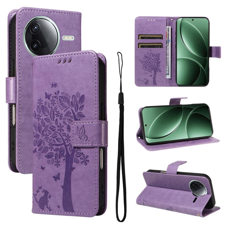 

For Redmi K80 / K80 Pro Tree & Cat Embossed Pattern Flip Leather Phone Case(Purple)
