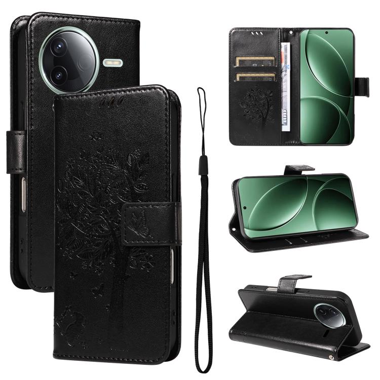 

For Redmi K80 / K80 Pro Tree & Cat Embossed Pattern Flip Leather Phone Case(Black)